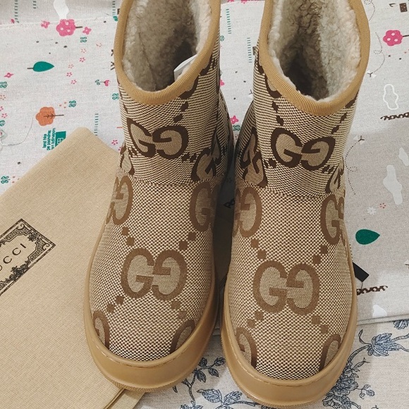 Gucci GG Brown Jacquard Fleece-Lined Ankle Boots - Picture 2 of 7